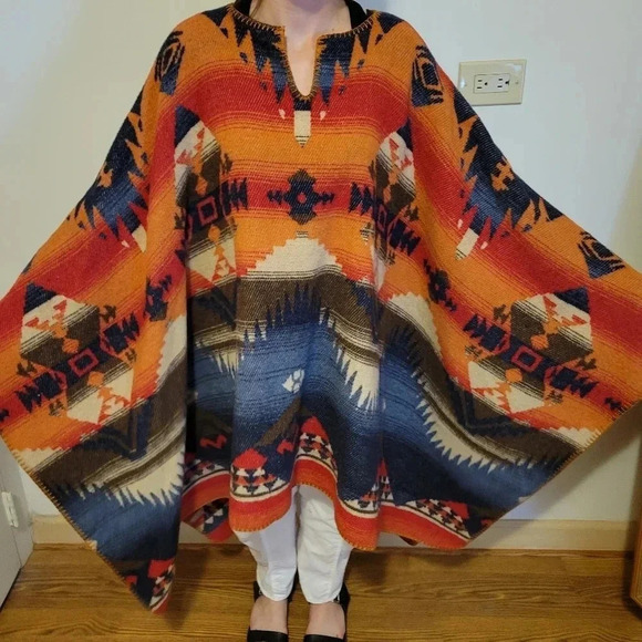 Rhonda Stark Hopi Poncho Wool Blend Native American Blue Orange Red Blanket Wrap - Picture 3 of 7